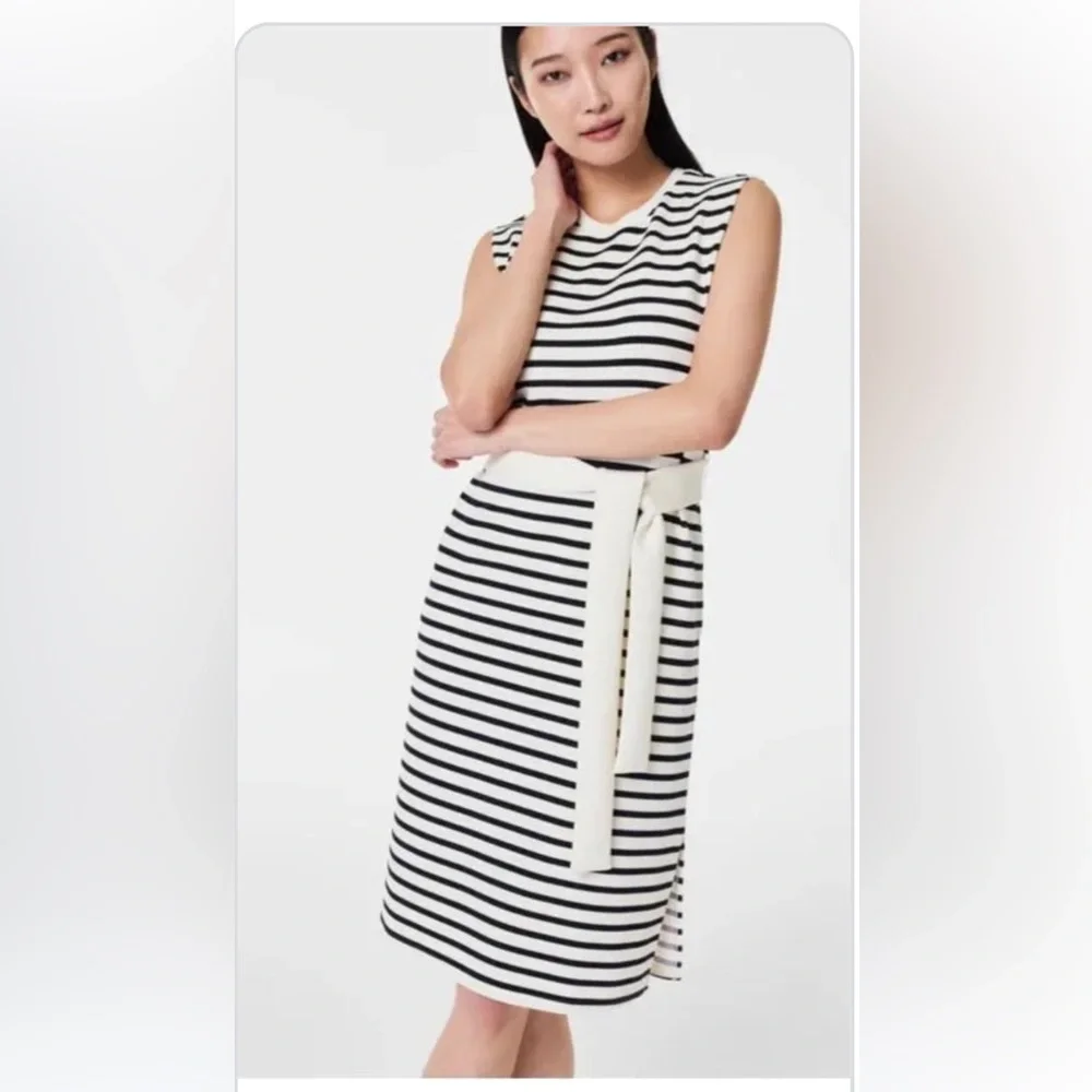 SPANX Air Essentials Black and White Striped Midi Dress with Belt - Picture 4 of 4